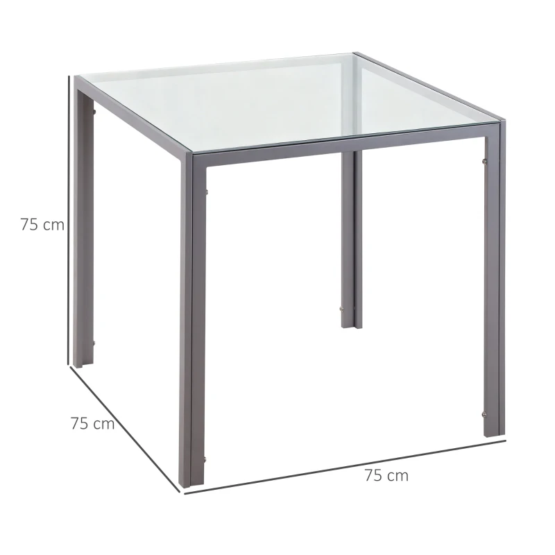 HOMCOM Table à manger pour 4 personnes, table de cuisine avec plateau en verre trempé et pieds en métal, 75 x 75 x 75 cm, gris