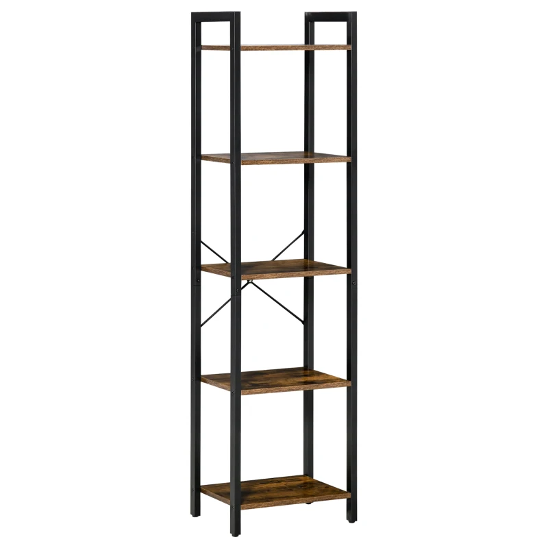 HOMCOM Industrial Style Bookcase H154 cm 5 Shelves Black Steel Particleboard Aged Wood Look