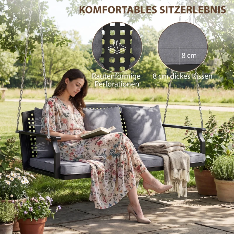 Outsunny 3-Sitzer Veranda-Schaukel, Gartenschaukelbank mit 3 Rückenkissen, Sitzkissen, Hängevorrichtung, Grau