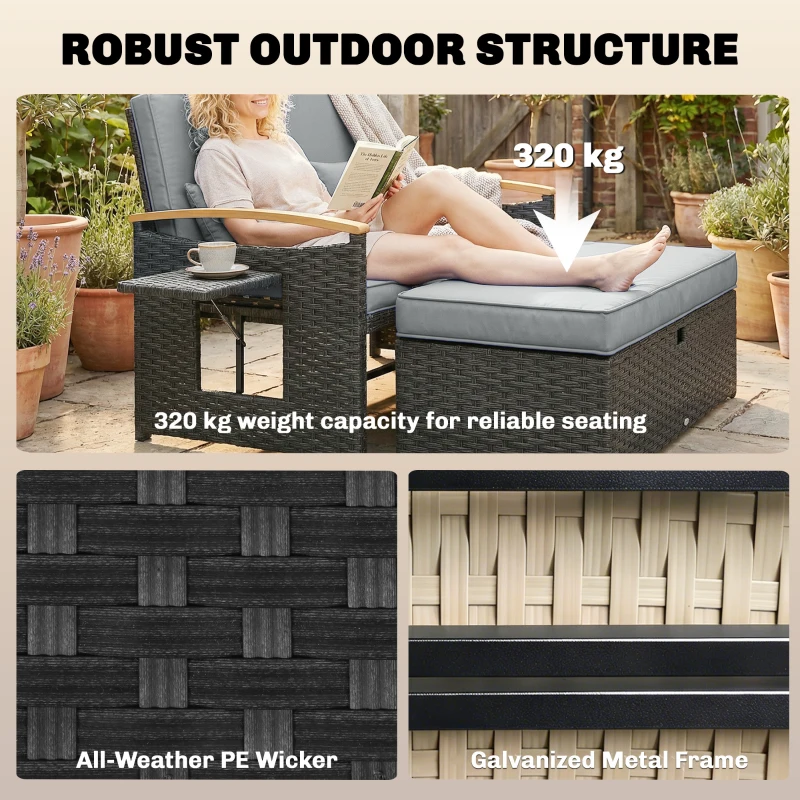 Outsunny Double Garden Rattan Daybed, Wicker Sun Bed Chaise Lounger with Storage Ottoman, 4-Level Adjustable Backrest, Dark Grey