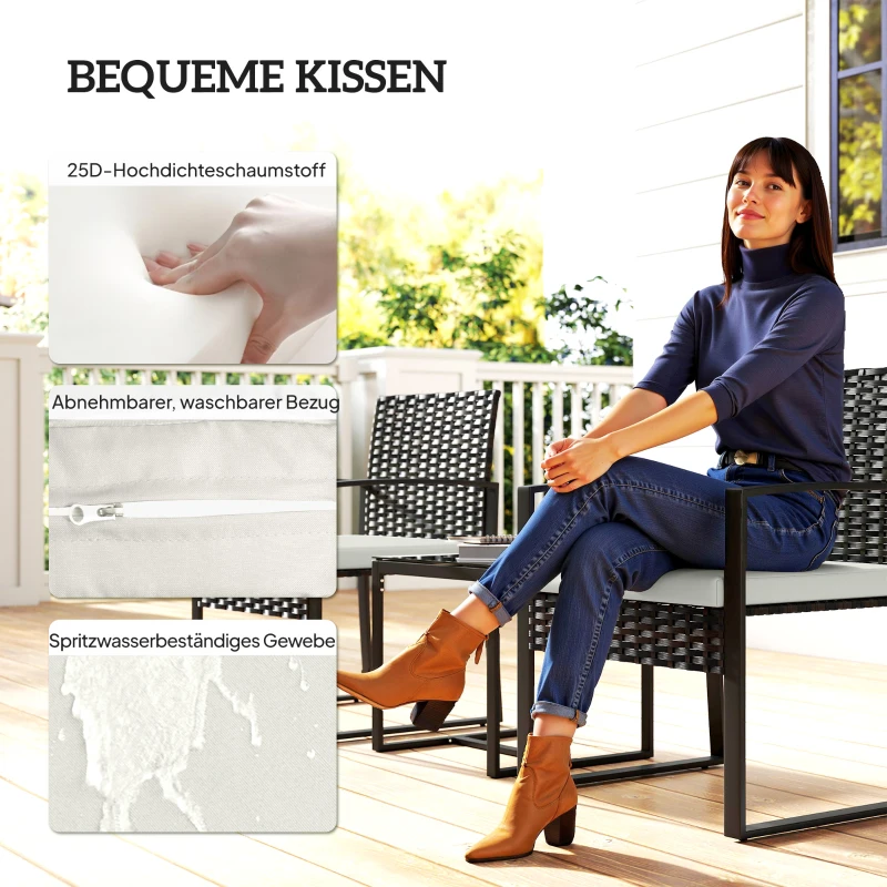 Outsunny Rattan Bistroset, 3 teiliges Gartenmöbel-Set mit 2 Gartenstühlen, Couchtisch, abnehmbar Kissen Cremeweiß