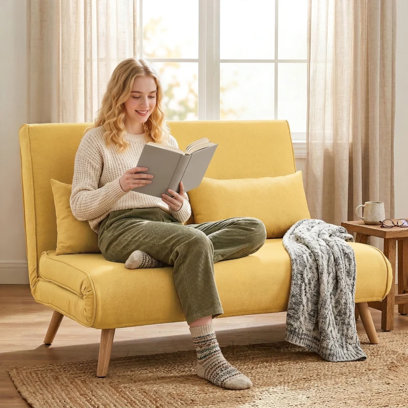 HOMCOM Sofá Cama de 2 Plazas Plegable Sofá Cama Tapizado en Lino con Respaldo Ajustable 5 Posiciones 2 Almohadas Amarillo