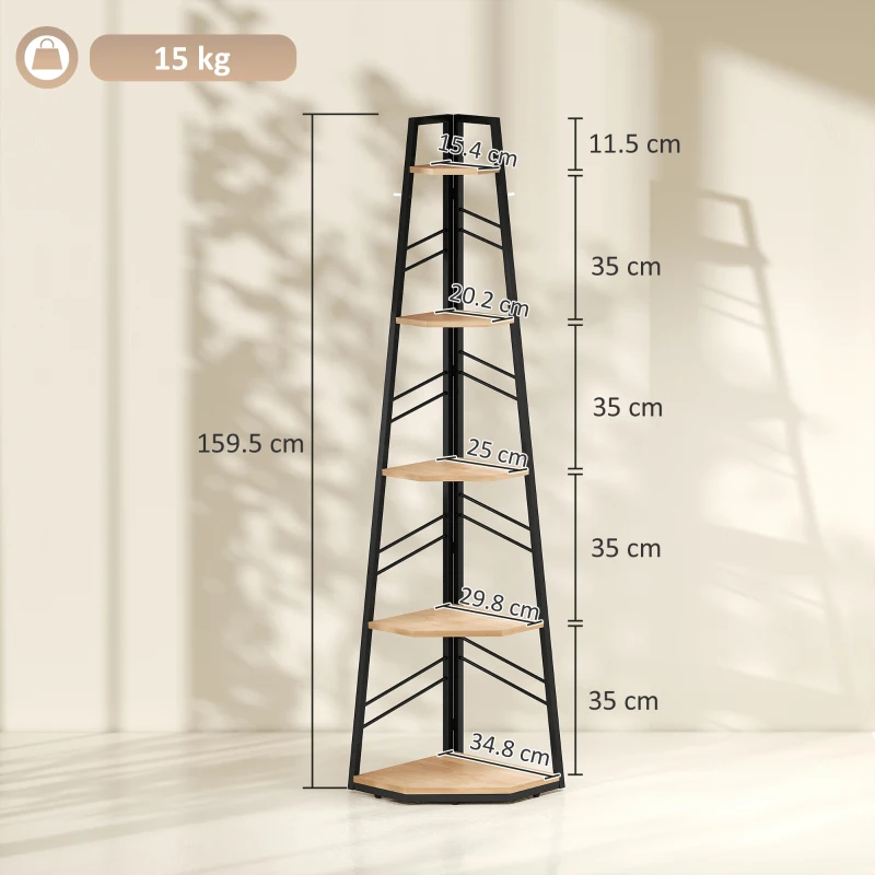 HOMCOM Corner Bookcase, 5-Tier Floor Standing Bookshelf, Shelving Unit for Living Room, Study, Bedroom, Natural Wood Finish