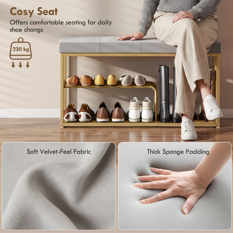 HOMCOM Bench and Shoe Storage, Tufted Shoe Storage Bench with Velvet Seat Cushion Gold Steel Frame for Entryway, Grey