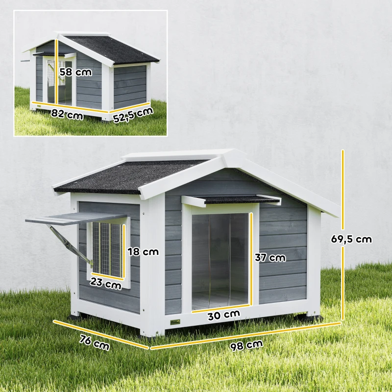 PawHut Hundehütte wetterfestes Hundehaus aus Holz mit herausnehmbarem Boden Asphaltdach öffnendem Fenster 98x76x69,5 cm Grau