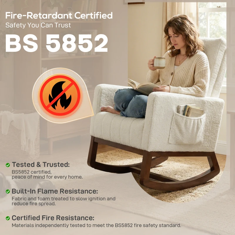 HOMCOM Rocking Chair for Adults, Lounge Rocker Chair with Lumbar Pillow, High Back, Wood Base, Side Pockets, Cream White