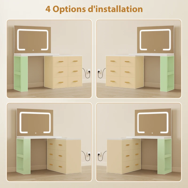 HOMCOM Coiffeuse avec miroir et tabouret, table de maquillage avec éclairage LED réglable, 6 tiroirs, 118 x 78 x 135 cm, blanc