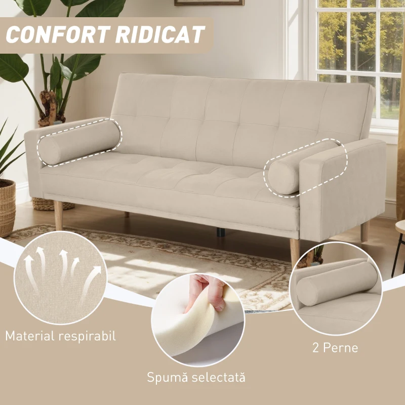 Homcom Canapea Extensibilă 2‑în‑1, 3 Locuri, Material Din In și 2 Perne Detașabile, Bej(m-6)