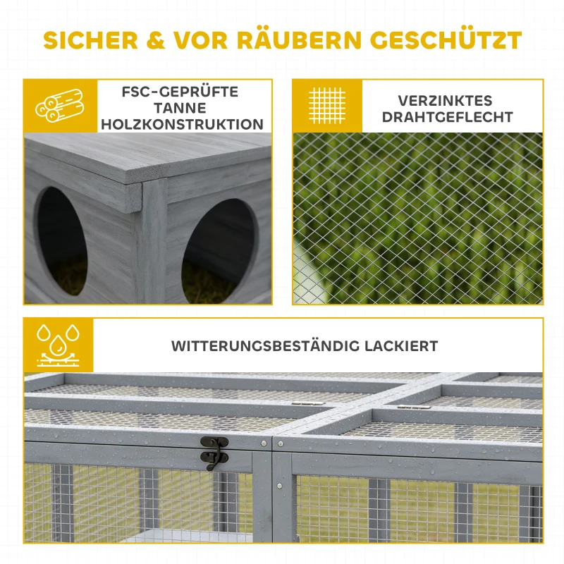 PawHut Freilaufgehege Kaninchenstall aus Holz mit 2 Türen Unterschlupfhaus für 2-4 Zwergkaninchen 180,4 x 150 x 48 cm Grau