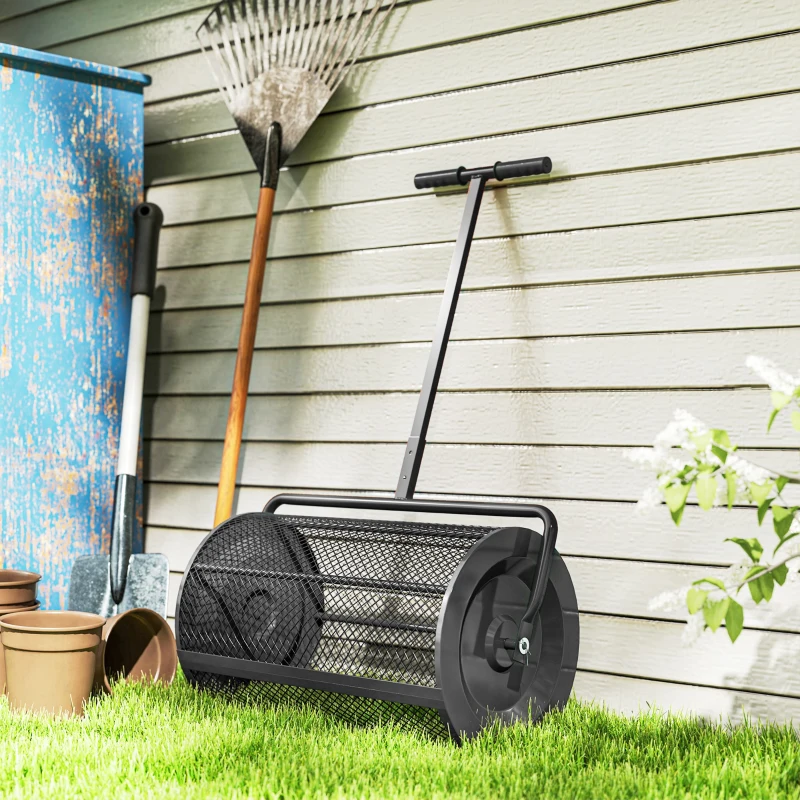 Outsunny Épandeur à compost 75 L épandeur de gazon avec poignée en T rouleau en treillis métallique 70 x 40 x 112 cm noir