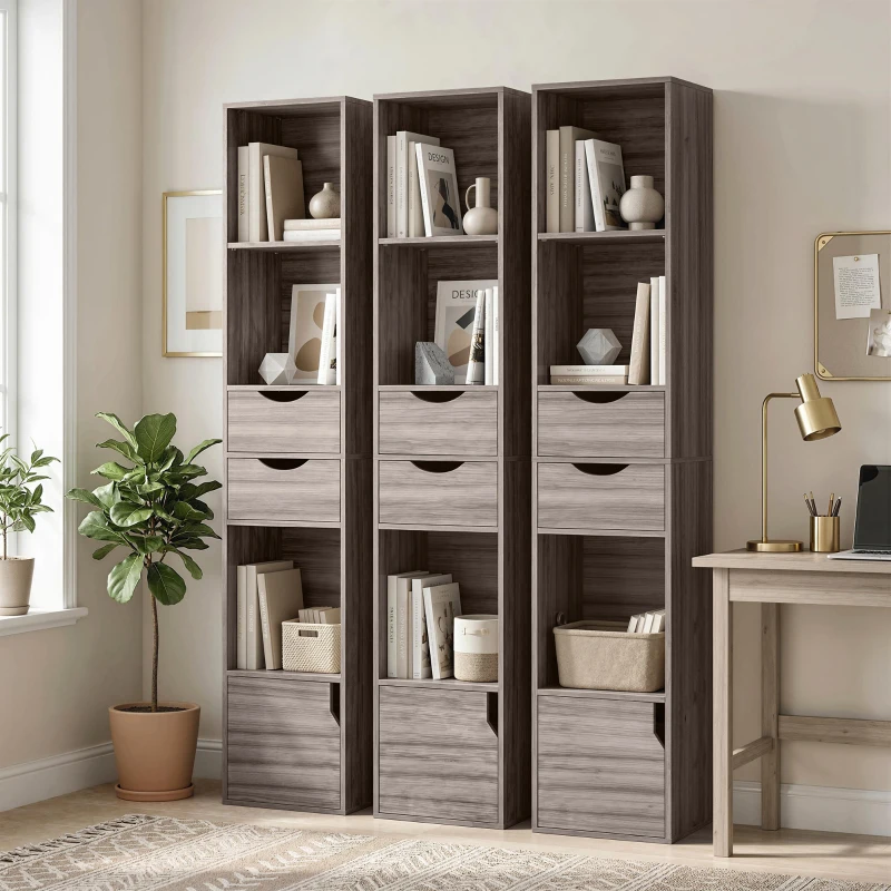 HOMCOM Bookcase with Drawers Adjustable Shelf Bookshelf with 2 Drawers and Cabinet 158 cm Grey