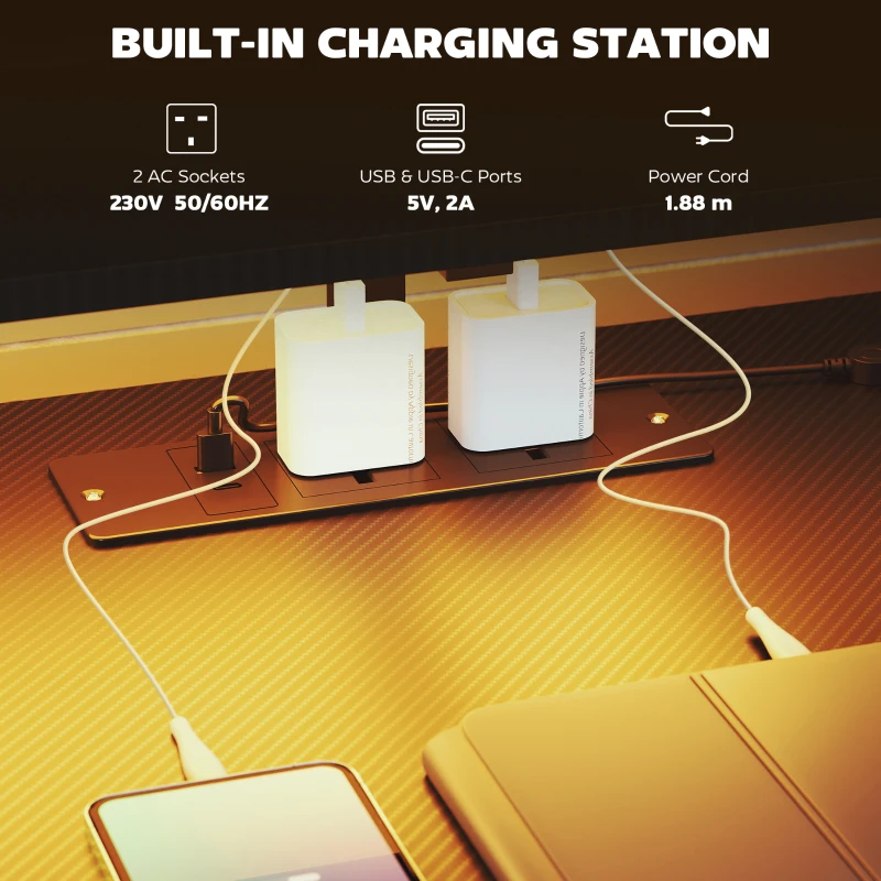 HOMCOM 147cm Gaming Desk with Charging Station and Monitor Stand, Computer Table for Home Office with RGB Lights, Black