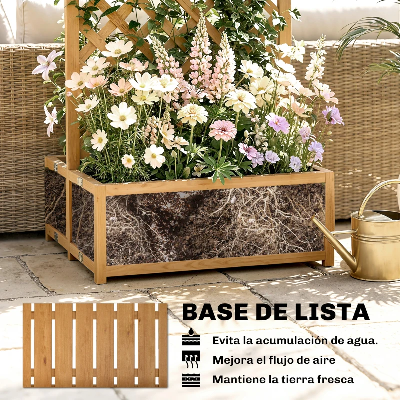 Outsunny Jardinieră cu grilaj din lemn pentru plante cățărătoare cu 2 cutii pliabile Base de Listones 73x70x170 cm Natural