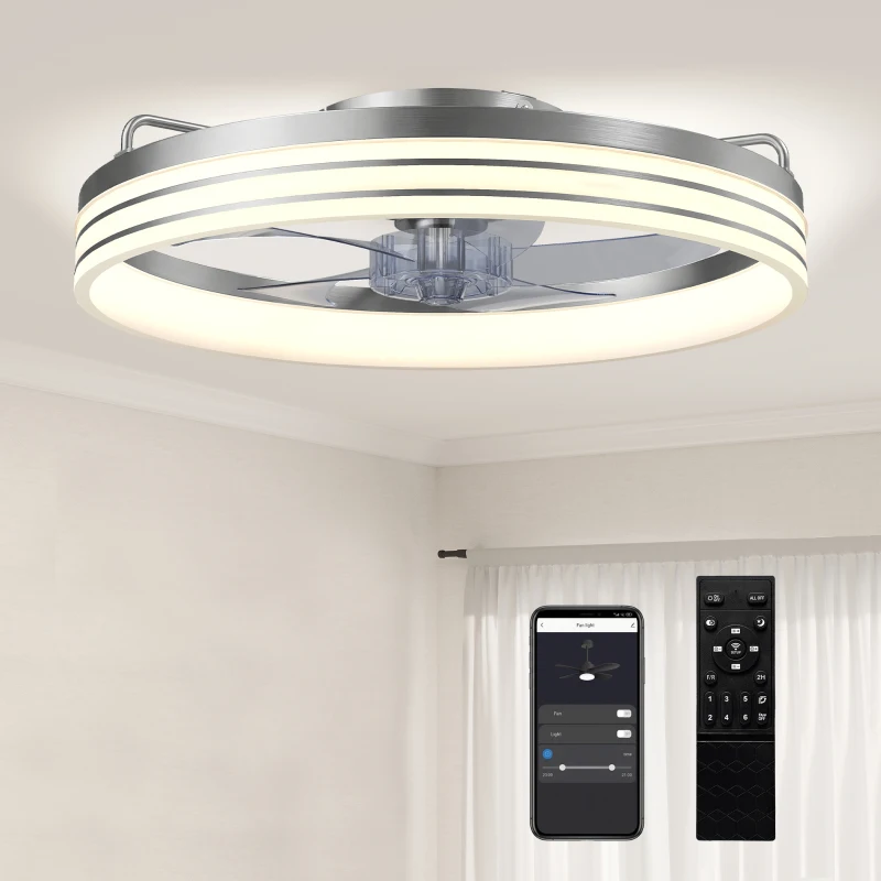 HOMCOM Ceiling Fans with Lights and Remote & App Control, 50cm LED Ceiling Fan Light with 3 Colour Temperatures, 6 Speed, Silver