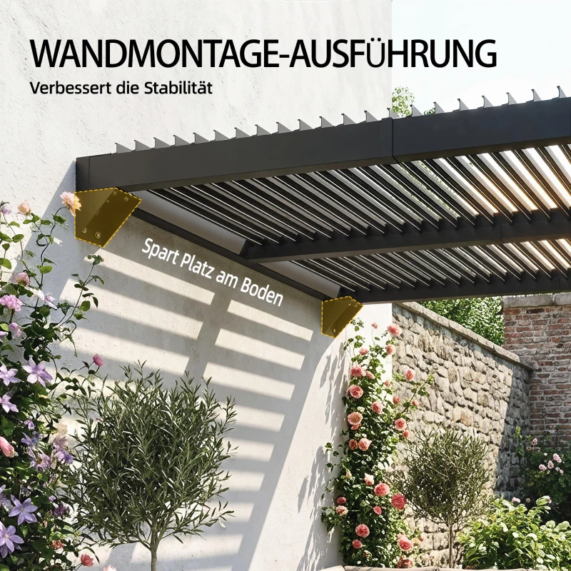 Outsunny Pergola ca. 3x3 m Aluminium Terrassenüberdachung mit verstellbar Lamellendach Wandmontage Dunkelgrau