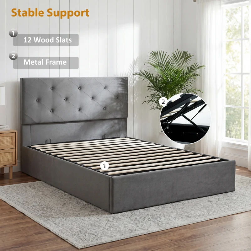 HOMCOM Double Bed Frame Gas Side Lift Under Bed Storage Upholstered Platform Bed Tufted Headboard for 140 x 190 cm Mattress