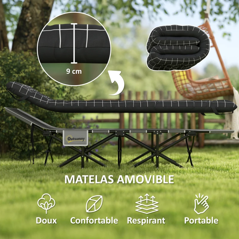 Outsunny Lit de camping pliable avec matelas, pochette latérale et sac intégré Lit de Camp tissu Oxford 190 x 67 x 37 cm Noir
