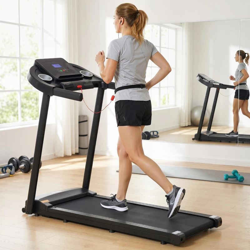 HOMCOM Passadeira para Casa 1-12 KM/H 1,5HP com 12 Programas Rodas Ecrã LED e Suporte para Telemóvel para Casa ou Escritório