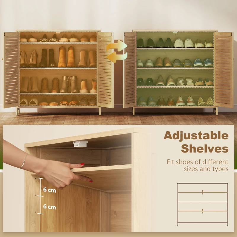 HOMCOM Bamboo Shoe Cabinet with Louvered Doors, 14 Pairs Shoe Storage Cabinet with Adjustable Shelves for Hallway, Natural
