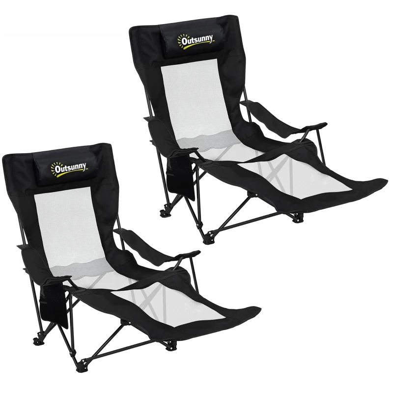 Outsunny Ensemble de 2 Chaises Pliantes de Camping Inclinables avec Repose-pieds Amovible Appuie-tête Porte-gobelet et Housse Noir