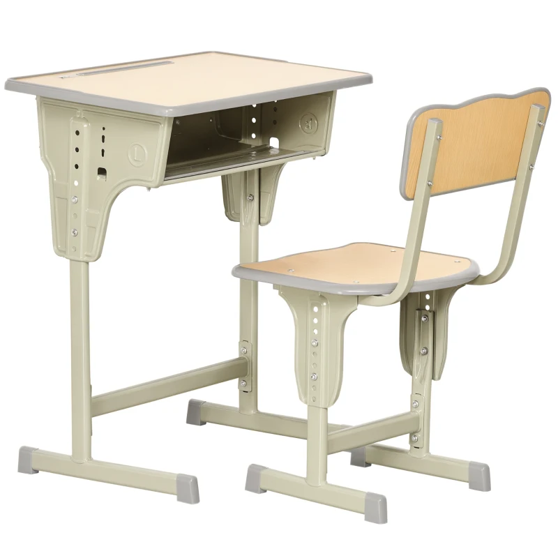 HOMCOM Vintage school-desk style children's desk & chair set - adjustable - storage compartment, bag bracket, pen holder - khaki steel, MDF light wood effect