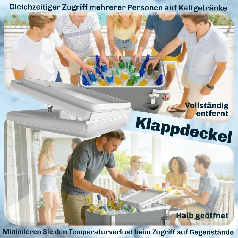 Outsunny Kühlwagen mit 56L Kapazität Servierwagen mit Rollen, Flaschenöffner, unterer Ablage, Griff mobiler Getränkewagen, Grau