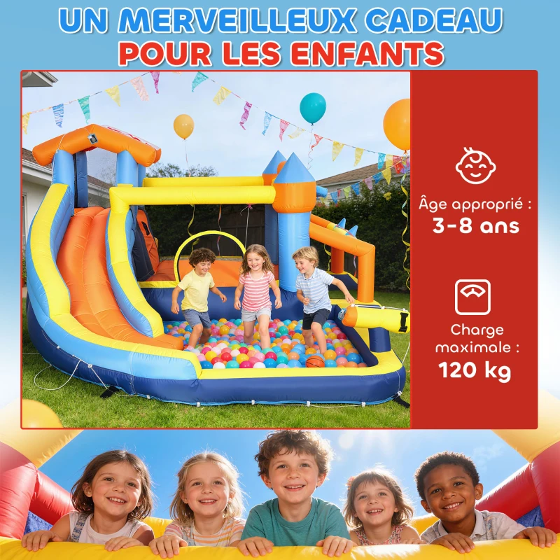 AIYAPLAY Château gonflable avec souffleur 8 en 1, parc aquatique, toboggan, trampoline, piscine à balles, multicolore