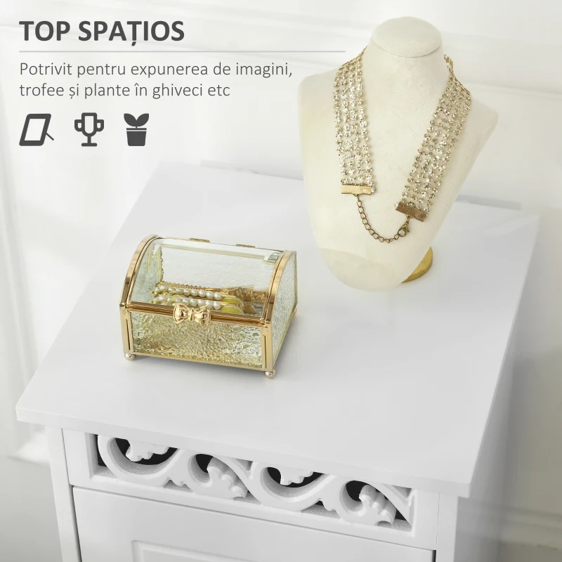 Homcom Comoda Baie Lemn Alb – Decor Floral Sculptat 30×30×68.5 cm