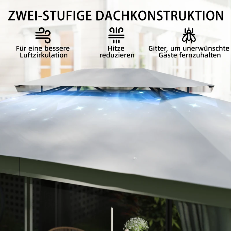 Outsunny Pavillon 3,8x3m Wasserabweisend Stabil Winterfest Gartenpavillon mit Doppeldach Vorhänge Moskitonetz Haken Dunkelgrau