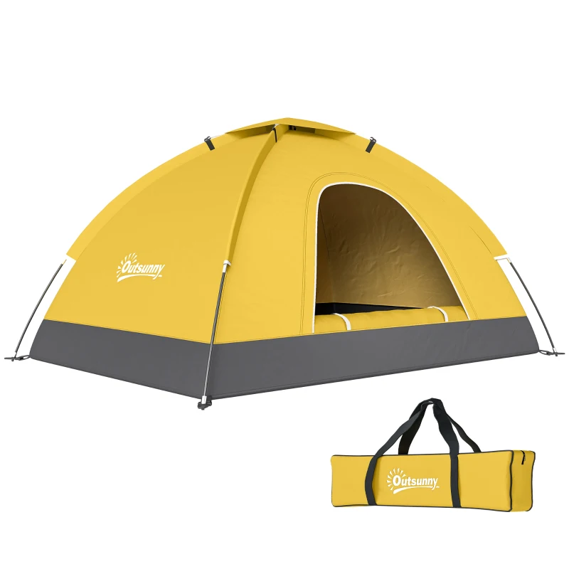 Outsunny 2 Person Camping Tent, Dome Tent with Zipped Doors, Storage Pocket, Portable Handy Bag, Yellow