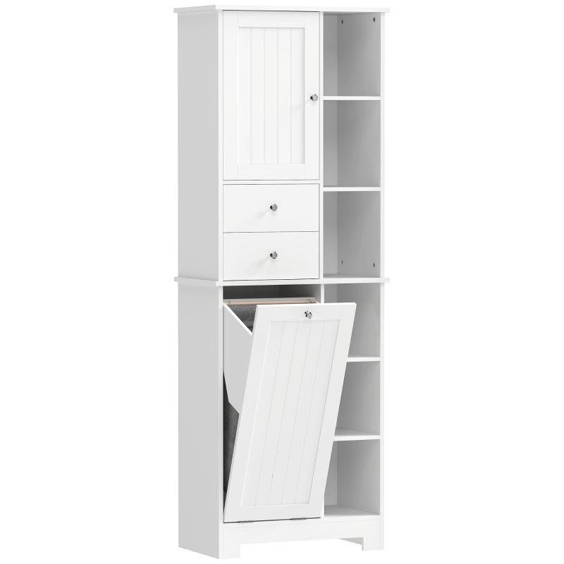 HOMCOM Armoire de Salle de Bains Blanche, Panier à Linge Basculant, Tiroirs