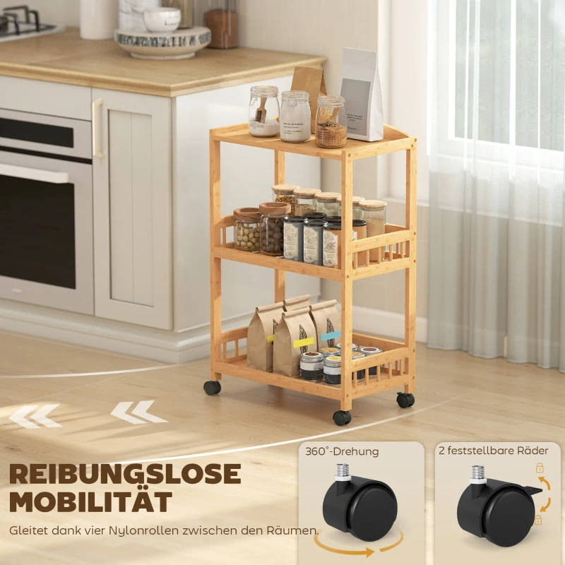HOMCOM Küchenwagen Rollwagen mit 3 Ebenen, Servierwagen mit Stauraum Küchenregal auf Rollen, für Küche Bad Büro Naturholz