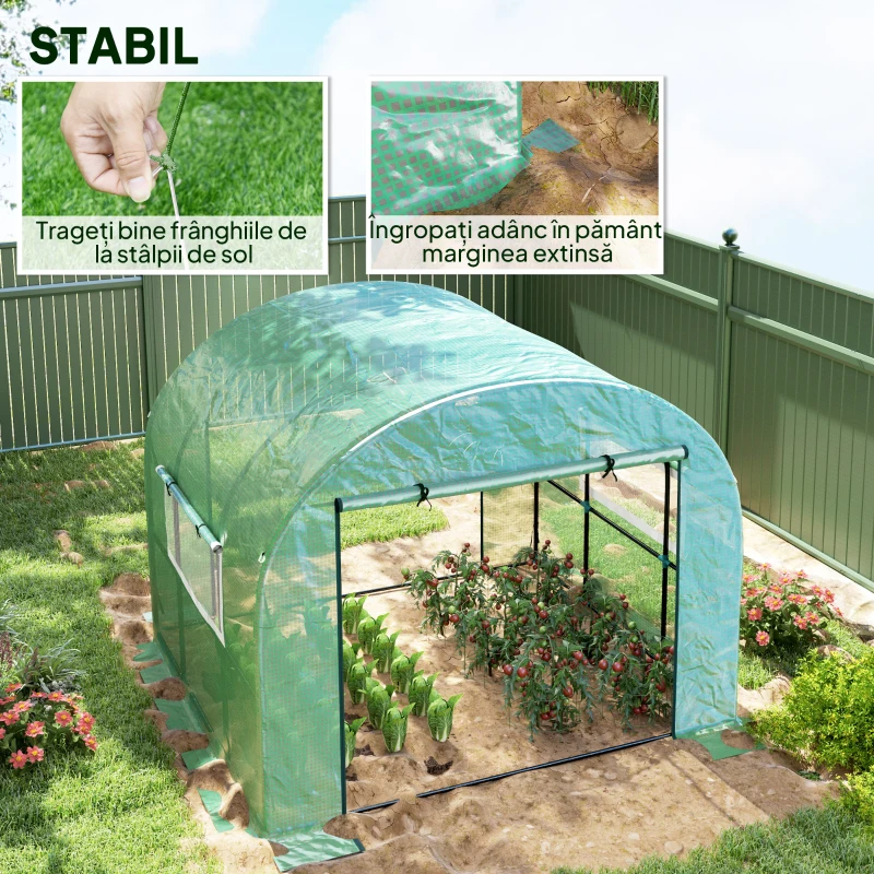 Outsunny Seră tip tunel pentru grădină 3x3x2 m din oțel și PE anti-UV cu uși rulabile și ferestre, verde