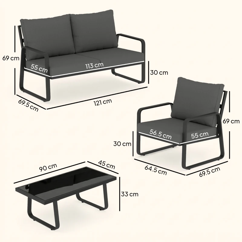 Outsunny 4 Piece Garden Furniture Set, Outdoor Sofa Set with Loveseat, 2 Armchairs, Coffee Table and Cushions