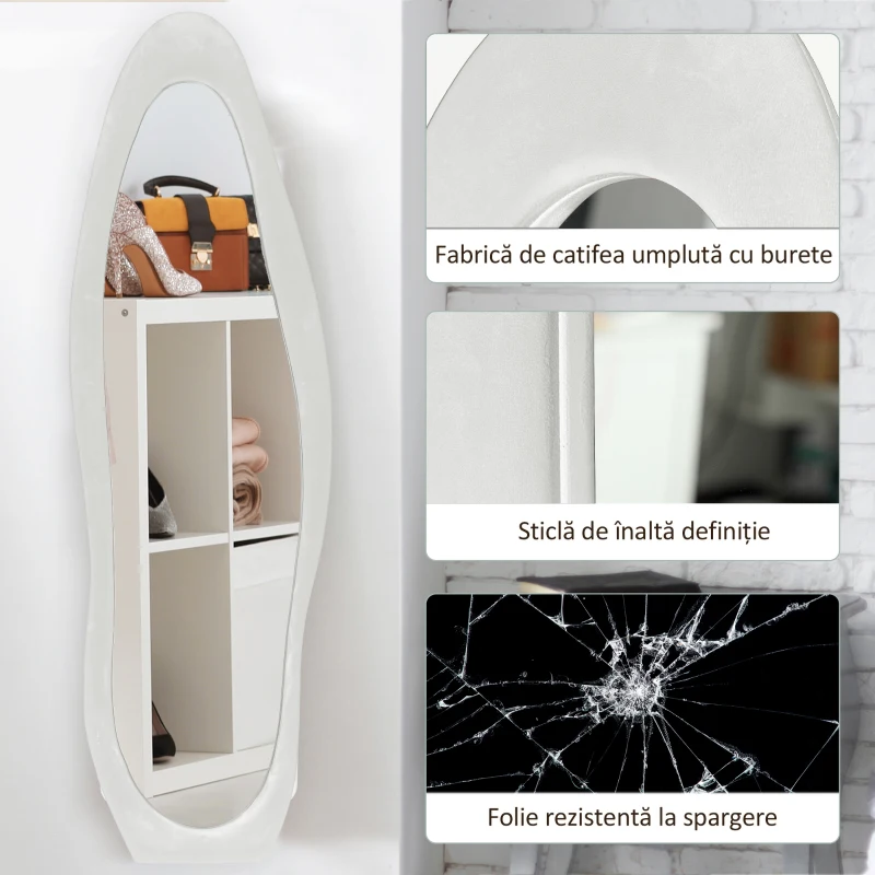 HOMCOM Oglindă de dimensiuni mari cu ramă ondulată din catifea, oglindă de podea și de perete, 160x50 cm, albă