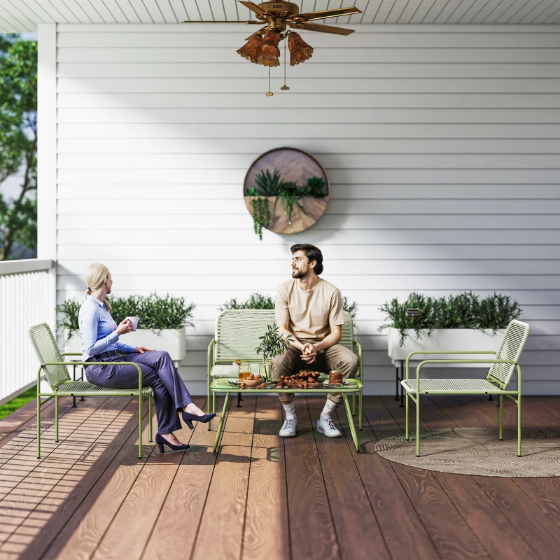 Outsunny Salon de Jardin extérieur résine tressée 4 places, canapé 2 places, 2 chaises, table en verre trempé cadre acier vert