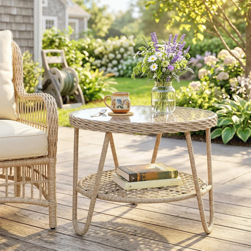 Outsunny Beistelltisch aus Polyrattan 2-stöckiger Kaffeetisch mit Ablage Glasplatte verstellbaren Füßen 65 x 65 x 50 cm Gelb