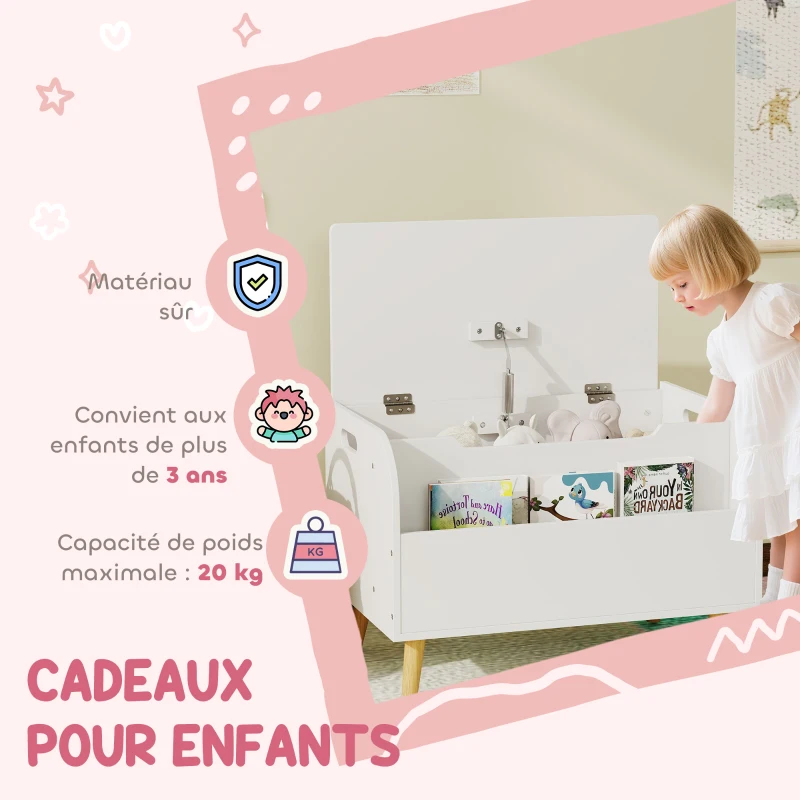 AIYAPLAY Coffre à jouet enfant, coffre de rangement enfant, couvercle rabattable et compartiment ouvert, 60x40x43cm, blanc