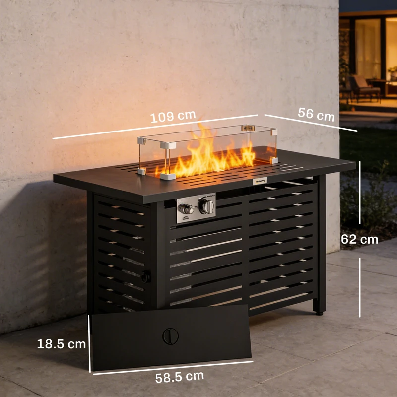 Outsunny Propane Gas Fire Pit Table, Outdoor Firepit with 43" Steel Tabletop and Lid, 50,000 BTU Pulse Ignition Fire Table w/ Stainless Steel Burner, Glass Wind Guard, and Cover