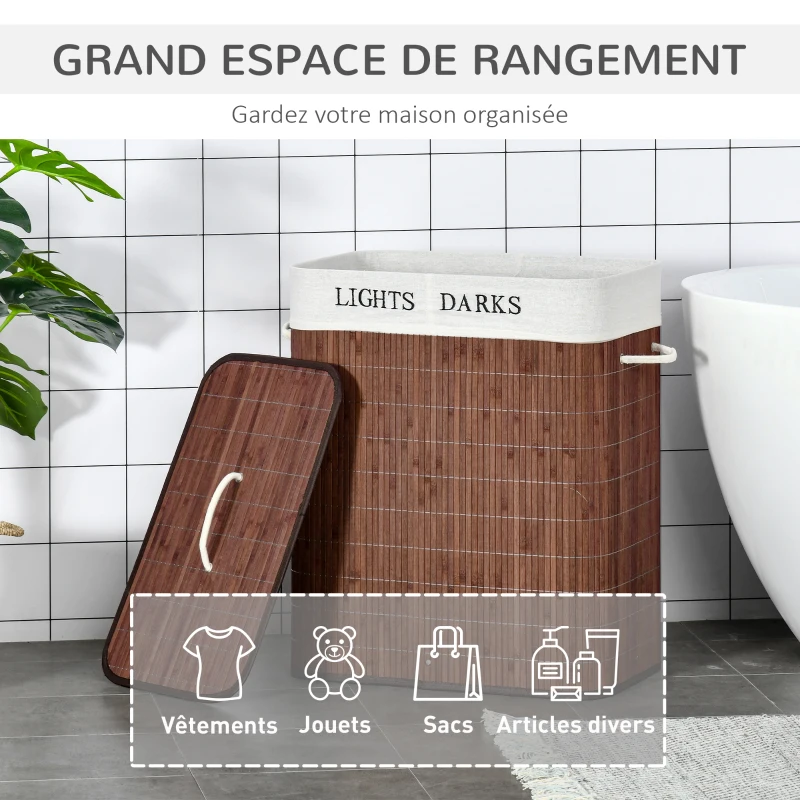 HOMCOM Panier à linge 100L avec 2 bacs bambou pliable couvercle poignée avec Sac amovible et lavable marron