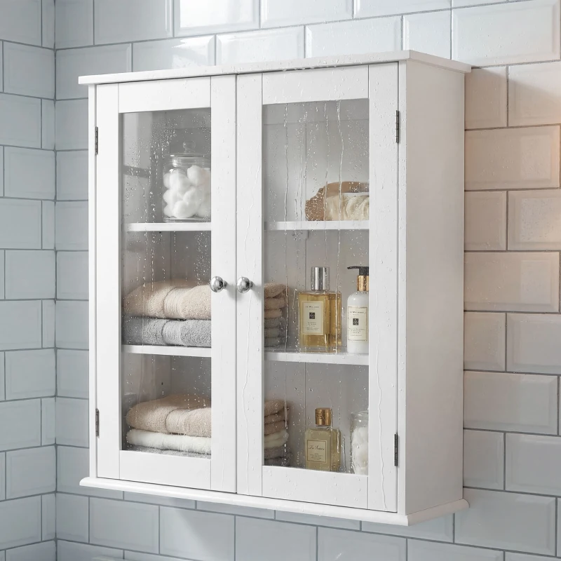 kleankin Bathroom wall cabinet, bathroom wall unit with 2 glass doors, adjustable shelf, 55x20x65cm, white
