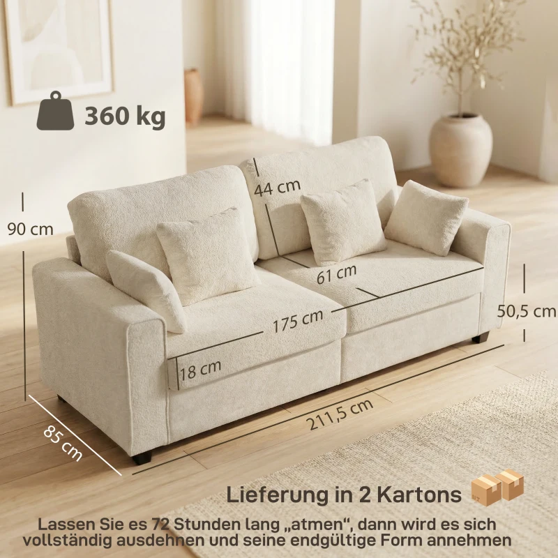 HOMCOM Sofá de 3 plazas beige con revestimiento Raindrop de terciopelo, asiento profundo, cojines con muelles, reposabrazos anchos y 4 cojines