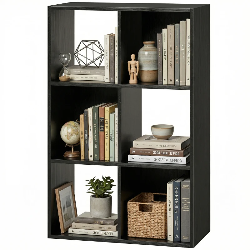 HOMCOM Industrial Style Storage Shelf, Bookcase, Bookshelf with 6 Compartments, for Living Room, Home Study, Black Wood Effect