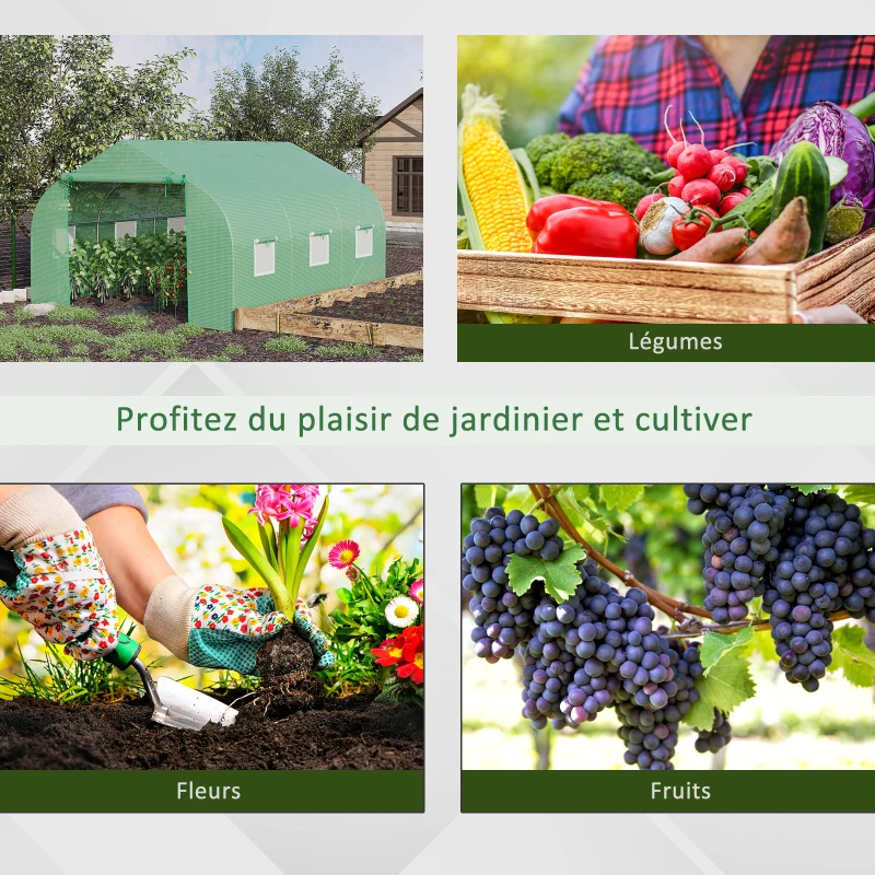 Outsunny Garden Tunnel Greenhouse 10.5 m² dim. 350L x 300l x 200H cm Door + 6 roll-up windows Galvanized steel HDPE cover Green