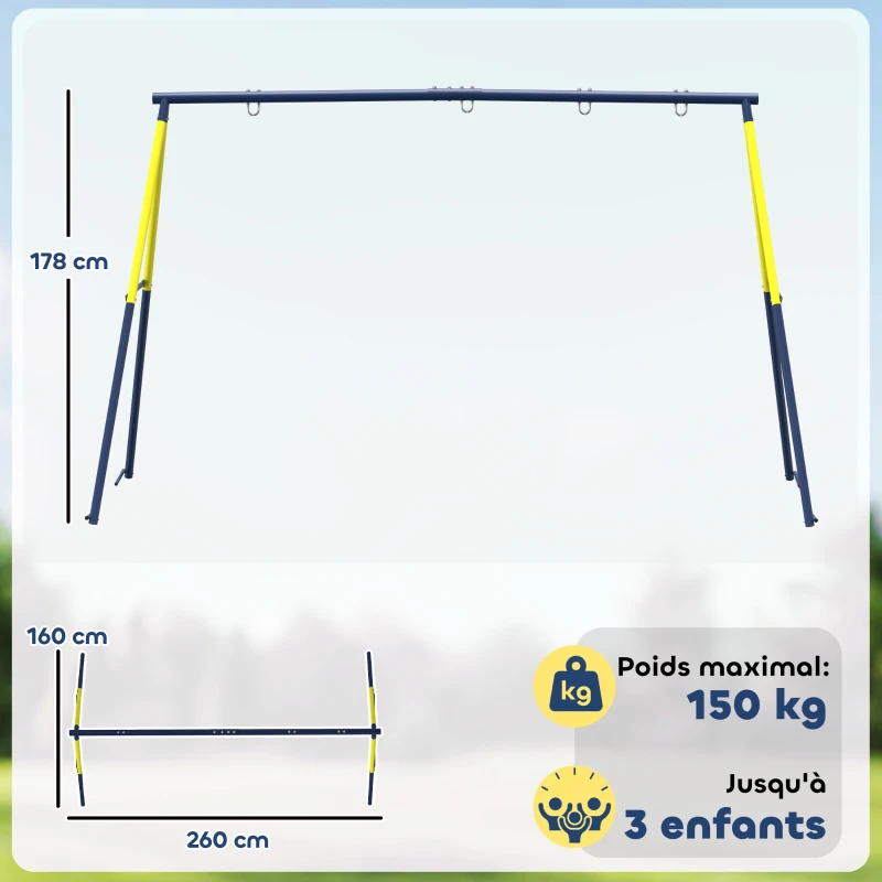 AIYAPLAY Balançoire portique pour enfant avec double balançoire cadre en acier, pour 3-8 ans, 260x160x178cm bleu