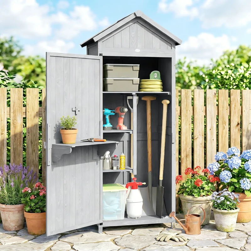 Outsunny Casetta In Legno, 77x52.5x178cm, Armadio con Banco Lavoro Ribaltabile