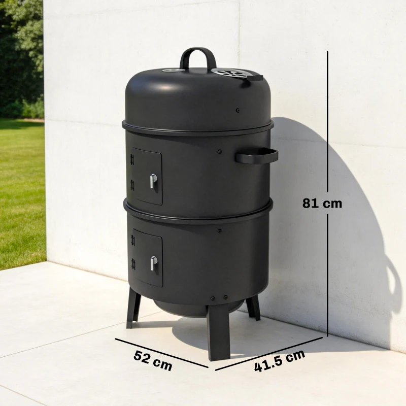 Outsunny 3-in-1 Vertical Charcoal Smoker with 2 Grill Grates, Built-in Thermometer, Adjustable Vent, 2 Doors