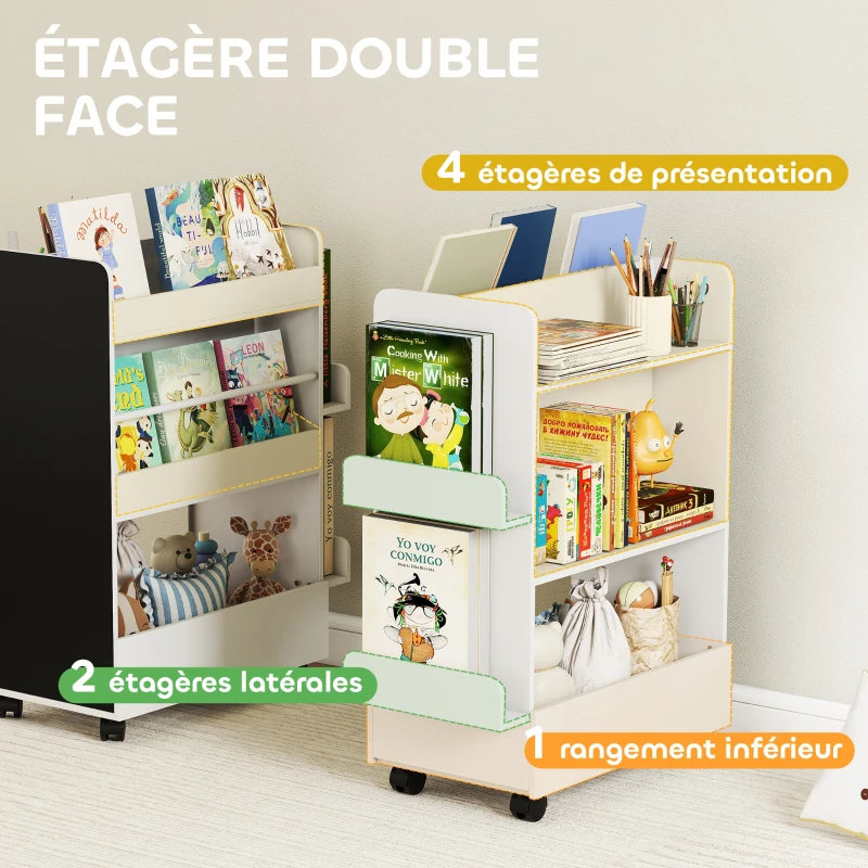 AIYAPLAY Bibliothèque pour enfant avec roulettes, rangement livre enfant de 3 à 8 ans avec tableau noir, 66,5x32,5x86,5cm, blanc