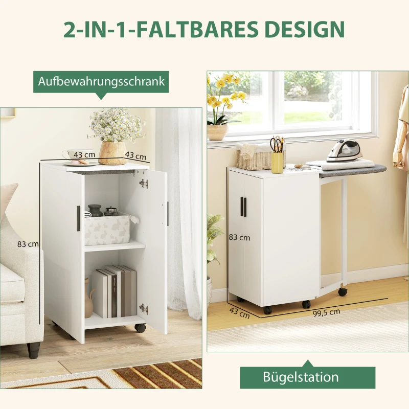 HOMCOM 2-in-1 faltbarer Bügelbrettschrank auf Rollen mit Bügelbrett und verstellbarem Regal für kleine Räume, Weiß