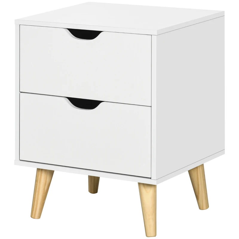 HOMCOM Bedside Table, Bedside Cabinet with 2 Drawers, Side End Table with Pine Wood Legs for Bedroom Living Room, White